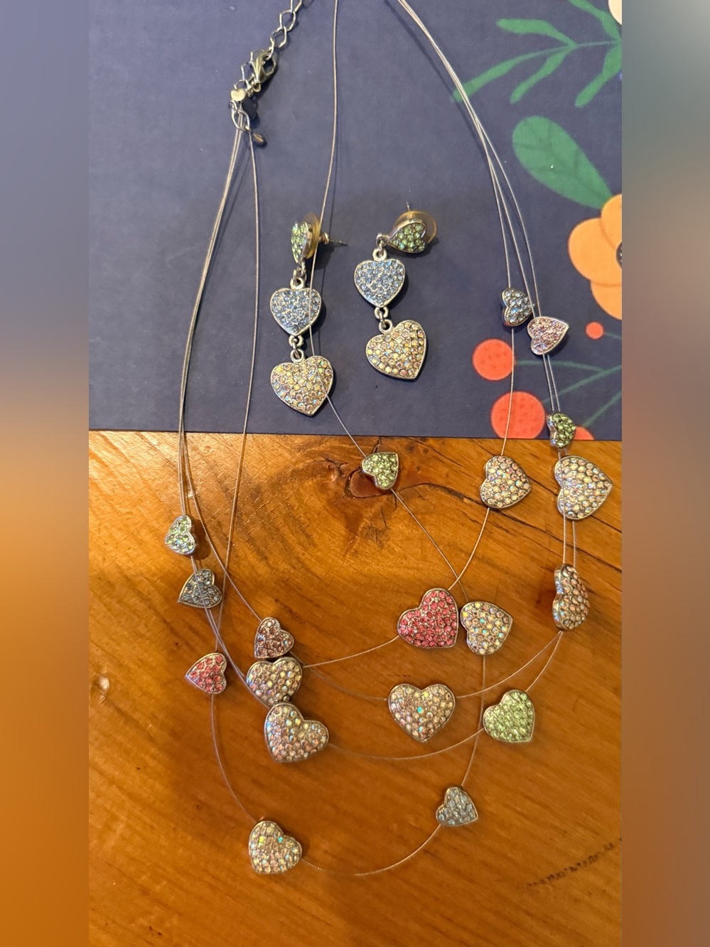 Multi-Heart Crystal Necklace and Earrings Set - Iridescent Hearts